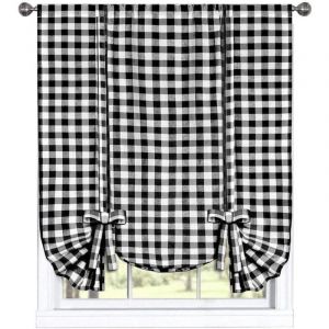 Alovez - Rideau de fenêtre à carreaux vichy sur mesure, style ferme, à nouer - Couleurs assorties (noir)