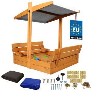 KOTARBAU&reg; Grand bac &agrave; sable en bois avec toit gris, impr&eacute;gn&eacute;, ferm&eacute;, avec bancs, marron, 100 x 100 cm