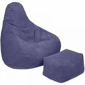 Pouf chaise d'intérieur avec Tabouret, Fauteuil poire de jeu pour salon, Pouf à dossier haut en velours côtelé avec repose-pieds pour dormir - Violet