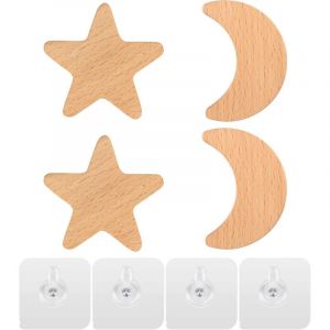 Pat&egrave;re murale pour enfants, porte-manteau, crochet mural en bois, bouton en bois, ensemble Lune et &Eacute;toile (4 pi&egrave;ces)