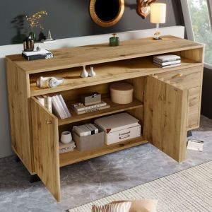 Buffet Et Enfilade avec 2 Portes, 3 Tiroirs et Niche Ouverte, Fa&ccedil;ade &Agrave; Lattes, Style Vintage, en Bois, 120&times;40&times;85 cm, Ch&ecirc;ne Fonc&eacute;