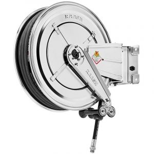 Enrouleur d'eau chaude 25 m &Oslash; 3/8 200 bars Inox 304 avec enroulement automatique et support mural pivotant Raasm RA.8522.302
