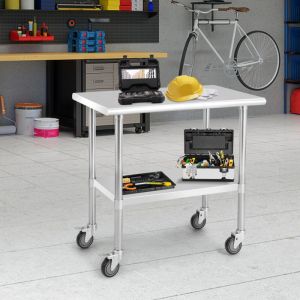 Table de Préparation à Roulettes Desserte de Cuisine 2 Niveaux en Acier Inox&Acier Galvanisé 915x61x885cm Argenté design in