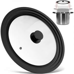 Couvercle Universel Noir 3 Tailles, Couvercle en Verre avec Bord Gradu&eacute;s en Silicone R&eacute;sistant &agrave; Chaleur et Trou Vapeur, pour Casseroles et Po&ecirc;les de
