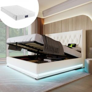 Lit coffre 140 x 200cm, lit double avec usb et led, lit simple capitonné, cuir, blanc(avec matelas)
