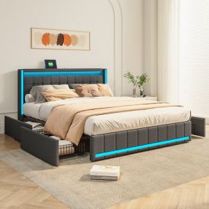Lit double capitonn&eacute; 140x190 cm, avec 4 tiroirs de rangement, t&ecirc;te de lit multifonctionnelle &agrave; LED, cadre de lit adulte &agrave; lattes, tissu lin gris fonc&eacute;