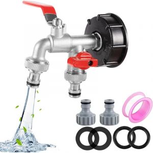 Robinet Cuve 1000L S60X6 IBC Double Sortie 1/2" avec Raccord de Tuyau - Adaptateur de R&eacute;servoir en Alliage d'Aluminium et Adaptateur en Plastique