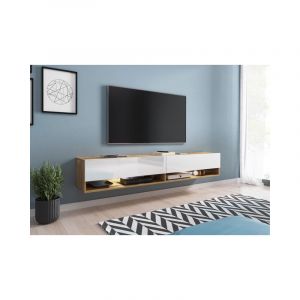 Bratex - Meuble tv Lowboard a 180 cm, meuble tv avec éclairage led, deux étagères, coloris wotan blanc brillant