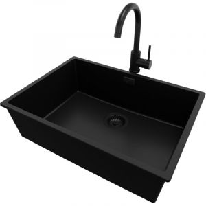 PRIMAGRAN Evier Sous Plan 66x47cm, Evier en Granit 1 bac + Robinet 32x20cm + Kit de Vidage, Évier au meuble 70cm - London, Tout Noir