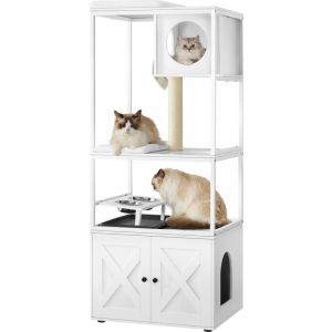 Feandrea - Arbre &agrave; Chat, Maison pour Chat avec Cache-liti&egrave;re, Gamelles Sur&eacute;lev&eacute;es, Poteau &agrave; Griffer en Sisal, Tapis Lavables, Blanc Nuage