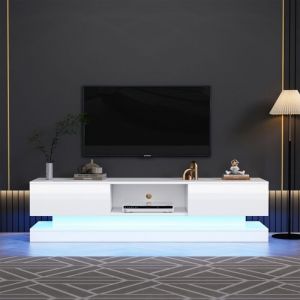 Fairwhale - Meuble tv blanc brillant 160x35x40.5cm - led + 2 tiroirs - Contrôle appli - Anti-basculement - Pour tv 60' - Panneau tv + plateau bas
