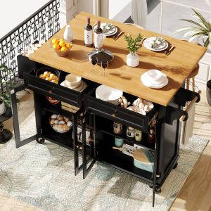 Desserte de cuisine &agrave; roulettes avec 2 tiroirs et 4 portes, &Icirc;lot central table de bar pliante -Cuisine/Salle &agrave; manger, 140&times;44/72&times;90 cm, noir
