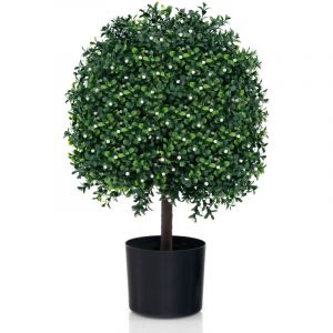 Costway - Lot de 2 Buis Topiaire Artificiel 55 cm, Fausses Plantes en Boule avec Feuilles R&eacute;sistantes uv & 343 Fruits Blancs, pour Maison Porche