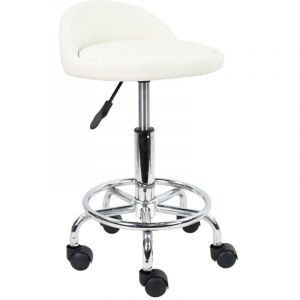 Tabouret &agrave; roulettes de Bureau Tabouret de Travail r&eacute;glable en Hauteur 48-64 cm en Cuir synth&eacute;tique avec Repose - Blanc - KKTONER