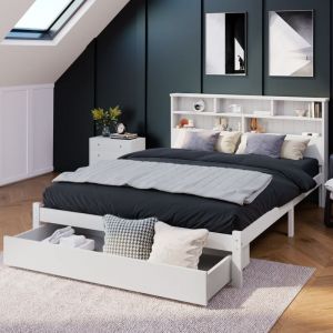 Lit avec tiroirs 140x200 cm avec 1 tiroir, Lit doubles pour adultes / enfants, tête de lit avec compartiments de rangement, bois, sans matelas, blanc