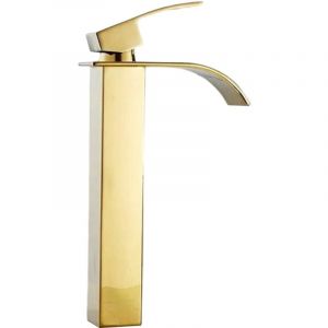 Robinet salle de bain lavabo haut cascade bec pour vasque,Mitigeur eau froide et chau moderne carré chromé trou simple (Doré)