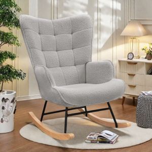 Chaise &agrave; bascule, fauteuil, chaise de loisirs avec coussin en bois, convient pour salon, chambre, balcon, moderne, cadre en acier, chaise pivotante,