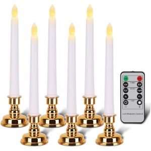 Bougies avec supports dor&eacute;s, bougies coniques sans flamme avec t&eacute;l&eacute;commande et minuteur, bougies de No&euml;l LED blanches, lot de 6