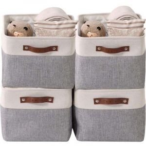 paniers de rangement pliables en tissu cationique robuste et pliable avec poign&eacute;es pour &eacute;tag&egrave;re pour chambre d'enfant ou penderie (Gris et blanc,