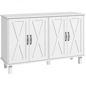 Meuble de rangement buffet bas 4 portes avec &eacute;tag&egrave;res r&eacute;glables en hauteur style campagne longueur 120 cm blanc