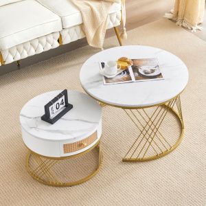 Wishdor - Lot de 2 Table basse gigogne ronde blanche avec plateau texturé en marbre et tiroirs avec façades en rotin plastique et accents dorés