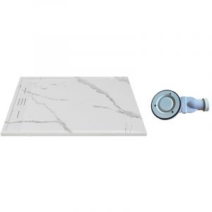Vente-unique - Receveur extra-plat &agrave; poser ou &agrave; encastrer d&eacute;coupable en r&eacute;sine smc avec siphon - Blanc marbr&eacute; - 120 x 90 cm - lyrosa