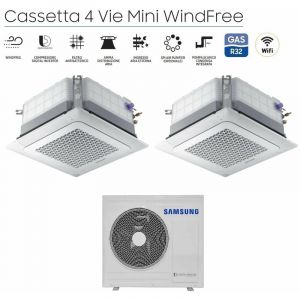 Climatiseur Samsung Dual Split r&egrave;versible Cassette 4 voies Mini Windfree 12+12 avec AJ068TXJ3KG/EU R-32 12000+12000 Wi-Fi Optionnel avec Grille