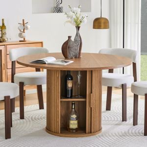 Table &agrave; manger ronde 120 cm extensible 4-6 personnes, style campagne moderne, rangements int&eacute;gr&eacute;s, panneaux de bois ch&ecirc;ne