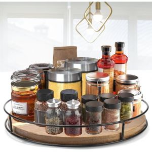 Plateau Tournant Epices en Bois 30 30 5.5cm, Plateau Tournant Epices Rotatif, &Eacute;tag&egrave;re &agrave; &Eacute;pices Rotative &agrave; 360, Organisateur de Cuisine Bois, Porte