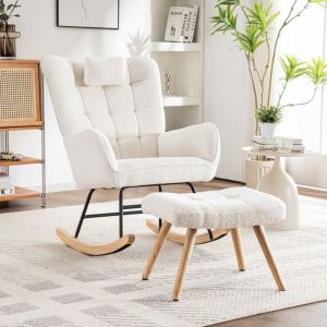 Tanant - Rocking Chair, Fauteuil à Bascule en peluche - avec douce repose pieds, Dossier avec appui-tête rembourré, style Scandinave - Blanc