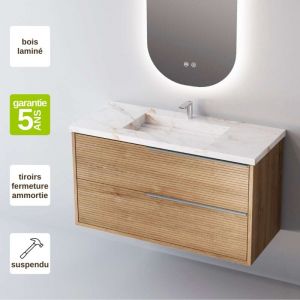 Sanizeo - Meuble de salle de bain plan vasque Grès Cérame Blanc Storm, 2 Tiroirs Chêne Naturel, Poignée Inox Satiné, l60xh54xp45, Effet 3D, listello