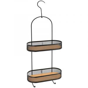 Serviteur de douche metal et plateaux bambou sur 2 niveaux avec crochet - noir/bambou - Tendance