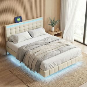 Lit adulte 160x200cm, lit double, lit flottant avec &eacute;clairage LED et ports USB, t&ecirc;te de lit r&eacute;glable en hauteur, Structure en m&eacute;tal et bois,