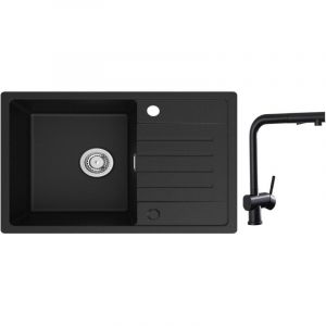 Cecipa - Evier 1 Bac avec Egouttoir, Evier de Cuisine en Quartz et Résine 78x45cm Grande Capacité Evier Noir + Robinets Cuisine avec Douchette