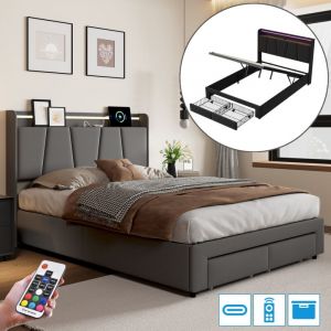 Lit coffre 140x190 cm, lit double avec rangement cach&eacute; en t&ecirc;te, 2 tiroirs en pied, lumi&egrave;re LED et ports USB, sommier &agrave; lattes en bois, cadre en