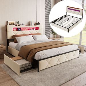 Lit double 160x200 cm - Lit pour adultes en velours, avec 4 tiroirs de rangement, &eacute;clairage LED, port USB et &eacute;tag&egrave;re dans la t&ecirc;te de lit - Structure