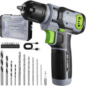 Workpro - 8V Perceuse Visseuse Sans Fil, 2 In 1 Visseuse Devisseuse Sans Fil Gris Vert, Accessoires 21 Pièces, avec 10MM Porte-Forets, led Lumière,
