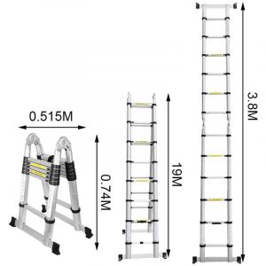 Randaco Echelle t&eacute;lescopique Alu Argent Echelle pliante 1,9M+1,9M A Cadre Echelle avec barre d'appui Echelle en aluminium Antid&eacute;rapante Echelle