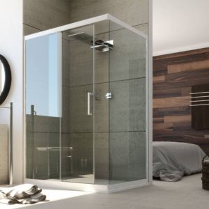 Idralite - Cabine douche angulaire verre et pvc blanc h 200 mod. Glax porte de douche + paroi lat&eacute;rale 70x120 cm transparent