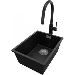 Primagran - Evier Sous Plan 36x47cm, Evier en Granit 1 bac + Robinet 40x20cm + Kit de Vidage, Évier au meuble 40cm - London, Noir Métallisé