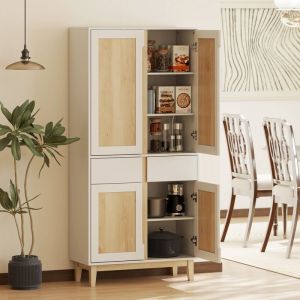 Buffet haut cuisine, armoire de cuisine avec 4 portes, 2 tiroirs et &eacute;tag&egrave;res r&eacute;glables, 80x35x170cm, blanc et ch&ecirc;ne