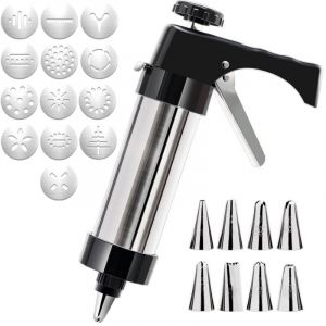 Presse &agrave; Biscuits en Acier Inoxydable, Seringue &agrave; P&acirc;te, Presse &agrave; Biscuits Professionnelle, Presse &agrave; Biscuits avec 13 Pochoirs et 8 Sachets Presse &agrave;