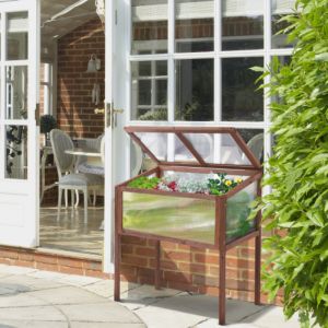 Carr&eacute; potager sur&eacute;lev&eacute; avec mini-serre 90x50x93 cm, bois massif brun et panneaux transparents, a&eacute;ration par couvercle ouvrant