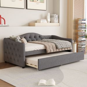 Méridienne, méridienne 90x200cm avec lit gigogne, canapé lit, lit simple (sans matelas), lin, style minimaliste, gris