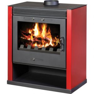 V05 - Poêle à bois Rubin – 13 kW avec panneaux latéraux peints bordeaux et grande fenêtre panoramique frontale