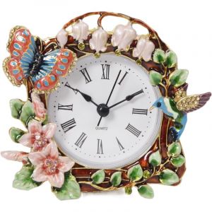 Horloge de table florale d&eacute;corative (papillon et oiseau)cadre floral exquis orn&eacute; de fleurs orn&eacute;es de cristaux