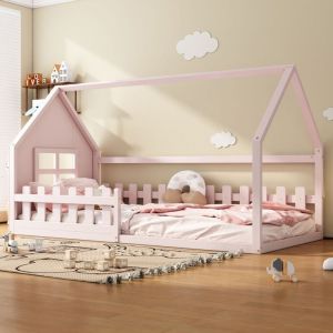 Lit cabane 90x200cm, lit enfant avec sommier à lattes, barrières de sécurité, cadre de lit en pin, design moderne, Rose