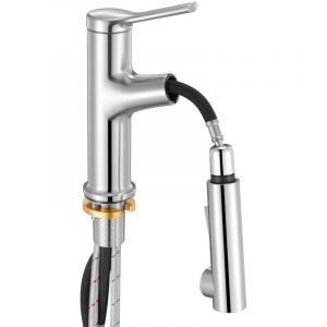 Mophorn Mitigeur de cuisine &agrave; poign&eacute;e unique, robinet &agrave; tirette pour &eacute;vier 1 ou 3 trous, sans plomb, avec bouton-poussoir, id&eacute;al pour salle de bain,