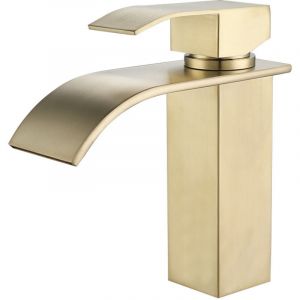 Robinet de lavabo, robinet d'&eacute;vier cascade, mitigeur de lavabo, robinets cascade avec grand bec, acier inoxydable dor&eacute; bross&eacute;