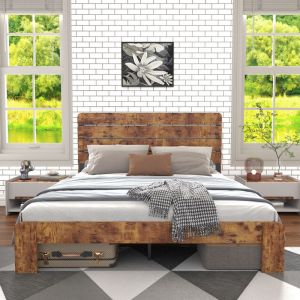 Lit double 140x200 cm lit adulte avec Cadre de lit fer et T&ecirc;te de lit haute Style industriel moderne Rangement sous lit Marron